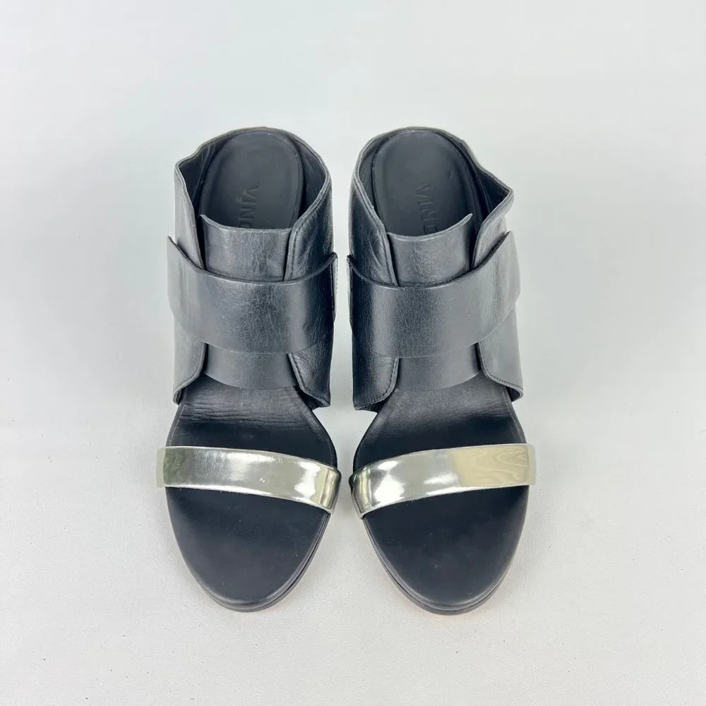 Vince Karima Wedge Mule Slide Sandals Black Leather Silver Detail size 8.5